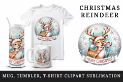 Watercolor cute reindeer candy cane snowflakes Merry Christmas quote print 20 oz tumbler skinny mug wrap clipart t-shirt sublimation printable design