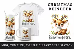 Watercolor cute reindeer Christmas lights Bright and Merry quote print 20 oz tumbler skinny mug wrap clipart t-shirt sublimation printable design
