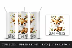 Watercolor cute reindeer Christmas lights Bright and Merry quote print 20 oz tumbler skinny mug wrap clipart t-shirt sublimation printable design