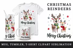 Watercolor cute reindeer colorful scarves stars Merry Christmas quote print 20 oz tumbler skinny mug wrap clipart t-shirt sublimation printable design