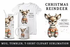 Watercolor cute reindeer cozy sweater Merry Christmas quote print 20 oz tumbler skinny mug wrap clipart t-shirt sublimation printable design