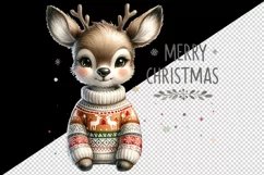 Watercolor cute reindeer cozy sweater Merry Christmas quote print 20 oz tumbler skinny mug wrap clipart t-shirt sublimation printable design
