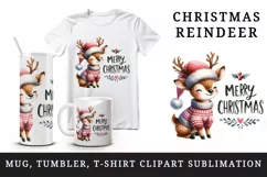 Watercolor cute reindeer cozy sweater Merry Christmas quote print 20 oz tumbler skinny mug wrap clipart t-shirt sublimation printable design
