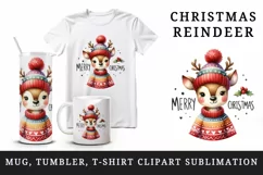 Watercolor cute reindeer cozy sweater Merry Christmas quote print 20 oz tumbler skinny mug wrap clipart t-shirt sublimation printable design