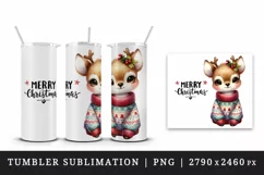 Watercolor cute reindeer cozy sweater Merry Christmas quote print 20 oz tumbler skinny mug wrap clipart t-shirt sublimation printable design
