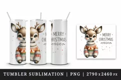 Watercolor cute reindeer cozy sweater Merry Christmas quote print 20 oz tumbler skinny mug wrap clipart t-shirt sublimation printable design