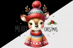 Watercolor cute reindeer cozy sweater Merry Christmas quote print 20 oz tumbler skinny mug wrap clipart t-shirt sublimation printable design