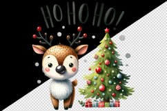 Watercolor cute reindeer decorated Christmas tree Ho Ho Ho quote print 20 oz tumbler skinny mug wrap clipart t-shirt sublimation printable design