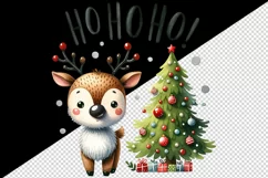 Watercolor cute reindeer decorated Christmas tree Ho Ho Ho quote print 20 oz tumbler skinny mug wrap clipart t-shirt sublimation printable design