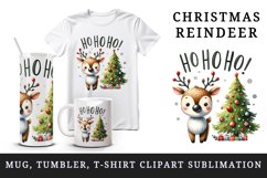 Watercolor cute reindeer decorated Christmas tree Ho Ho Ho quote print 20 oz tumbler skinny mug wrap clipart t-shirt sublimation printable design