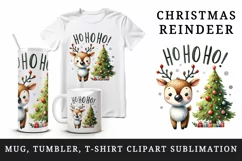 Watercolor cute reindeer decorated Christmas tree Ho Ho Ho quote print 20 oz tumbler skinny mug wrap clipart t-shirt sublimation printable design