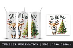 Watercolor cute reindeer decorated Christmas tree Ho Ho Ho quote print 20 oz tumbler skinny mug wrap clipart t-shirt sublimation printable design