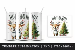 Watercolor cute reindeer decorated Christmas tree Ho Ho Ho quote print 20 oz tumbler skinny mug wrap clipart t-shirt sublimation printable design