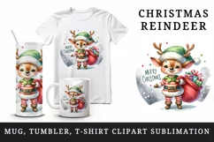 Watercolor cute reindeer elf sack of gifts Merry Christmas quote print 20 oz tumbler skinny mug wrap clipart t-shirt sublimation printable design