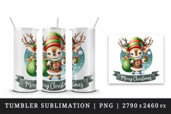 Watercolor cute reindeer elf sack of gifts Merry Christmas quote print 20 oz tumbler skinny mug wrap clipart t-shirt sublimation printable design