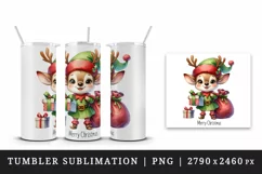 Watercolor cute reindeer elf sack of gifts Merry Christmas quote print 20 oz tumbler skinny mug wrap clipart t-shirt sublimation printable design