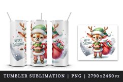 Watercolor cute reindeer elf sack of gifts Merry Christmas quote print 20 oz tumbler skinny mug wrap clipart t-shirt sublimation printable design