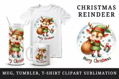 Watercolor cute reindeer elf sack of gifts Merry Christmas quote print 20 oz tumbler skinny mug wrap clipart t-shirt sublimation printable design