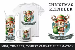 Watercolor cute reindeer elf sack of gifts Merry Christmas quote print 20 oz tumbler skinny mug wrap clipart t-shirt sublimation printable design