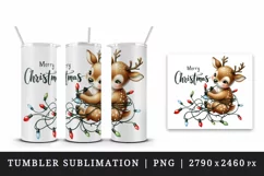 Watercolor cute reindeer entangled in lights Merry Christmas quote print 20 oz tumbler skinny mug wrap clipart t-shirt sublimation printable design