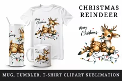 Watercolor cute reindeer entangled in lights Merry Christmas quote print 20 oz tumbler skinny mug wrap clipart t-shirt sublimation printable design