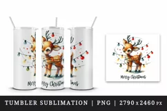 Watercolor cute reindeer entangled in lights Merry Christmas quote print 20 oz tumbler skinny mug wrap clipart t-shirt sublimation printable design