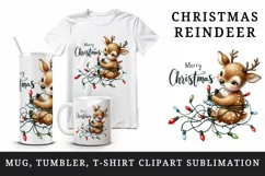 Watercolor cute reindeer entangled in lights Merry Christmas quote print 20 oz tumbler skinny mug wrap clipart t-shirt sublimation printable design