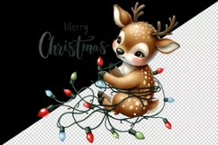 Watercolor cute reindeer entangled in lights Merry Christmas quote print 20 oz tumbler skinny mug wrap clipart t-shirt sublimation printable design