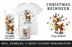 Watercolor cute reindeer entangled in lights Merry Christmas quote print 20 oz tumbler skinny mug wrap clipart t-shirt sublimation printable design