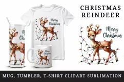 Watercolor cute reindeer entangled in lights Merry Christmas quote print 20 oz tumbler skinny mug wrap clipart t-shirt sublimation printable design