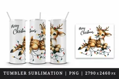 Watercolor cute reindeer entangled in lights Merry Christmas quote print 20 oz tumbler skinny mug wrap clipart t-shirt sublimation printable design