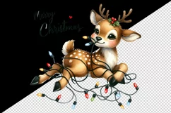 Watercolor cute reindeer entangled in lights Merry Christmas quote print 20 oz tumbler skinny mug wrap clipart t-shirt sublimation printable design