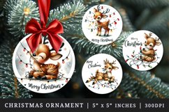 Watercolor cute reindeer entangled in string of lights Merry Christmas quote New Year winter print round ornament ornaments sublimation design