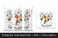 Watercolor cute reindeer festive ornament antler Happy Holidays quote print 20 oz tumbler skinny mug wrap clipart t-shirt sublimation printable design