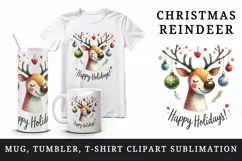 Watercolor cute reindeer festive ornament antler Happy Holidays quote print 20 oz tumbler skinny mug wrap clipart t-shirt sublimation printable design