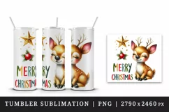 Watercolor cute reindeer gazing at star Merry Christmas quote print 20 oz tumbler skinny mug wrap clipart t-shirt sublimation printable design