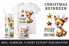 Watercolor cute reindeer gazing at star Merry Christmas quote print 20 oz tumbler skinny mug wrap clipart t-shirt sublimation printable design