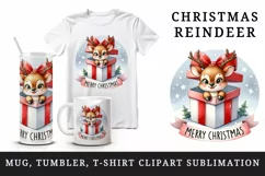 Watercolor cute reindeer gift box snowflakes Merry Christmas quote print 20 oz tumbler skinny mug wrap clipart t-shirt sublimation printable design