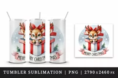 Watercolor cute reindeer gift box snowflakes Merry Christmas quote print 20 oz tumbler skinny mug wrap clipart t-shirt sublimation printable design