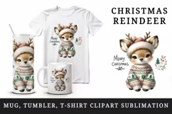 Watercolor cute reindeer hat cozy sweater Merry Christmas quote print 20 oz tumbler skinny mug wrap clipart t-shirt sublimation printable design