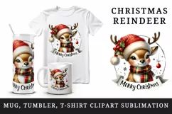 Watercolor cute reindeer hat scarf Merry Christmas greeting quote print 20 oz tumbler skinny mug wrap clipart t-shirt sublimation printable design