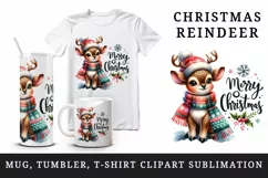 Watercolor cute reindeer hat scarf Merry Christmas quote print 20 oz tumbler skinny mug wrap clipart t-shirt sublimation printable design