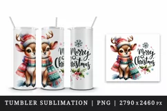 Watercolor cute reindeer hat scarf Merry Christmas quote print 20 oz tumbler skinny mug wrap clipart t-shirt sublimation printable design