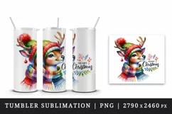 Watercolor cute reindeer hat scarf Merry Christmas quote print 20 oz tumbler skinny mug wrap clipart t-shirt sublimation printable design