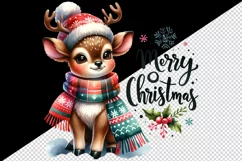 Watercolor cute reindeer hat scarf Merry Christmas quote print 20 oz tumbler skinny mug wrap clipart t-shirt sublimation printable design