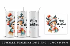 Watercolor cute reindeer hat scarf Merry Christmas quote print 20 oz tumbler skinny mug wrap clipart t-shirt sublimation printable design