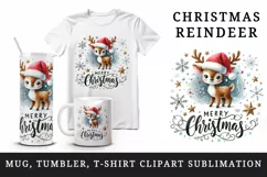 Watercolor cute reindeer hat scarf Merry Christmas quote print 20 oz tumbler skinny mug wrap clipart t-shirt sublimation printable design