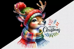 Watercolor cute reindeer hat scarf Merry Christmas quote print 20 oz tumbler skinny mug wrap clipart t-shirt sublimation printable design