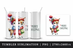 Watercolor cute reindeer hat scarf Merry Christmas quote print 20 oz tumbler skinny mug wrap clipart t-shirt sublimation printable design