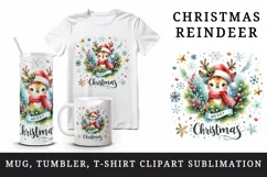 Watercolor cute reindeer hat scarf Merry Christmas quote print 20 oz tumbler skinny mug wrap clipart t-shirt sublimation printable design